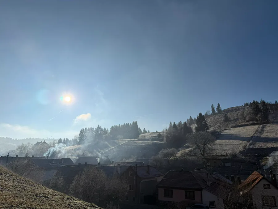 Holbav village covered in winter frost